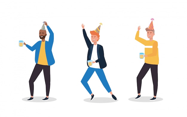 Free Vector set of cute men dancing with party hat