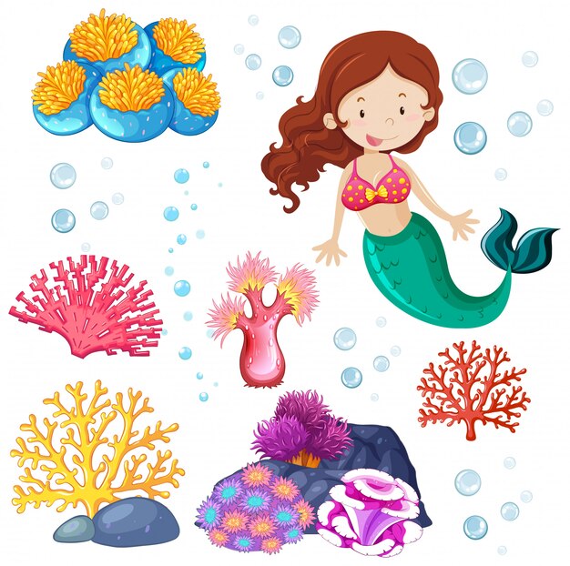 Set of cute mermaid and sea theme