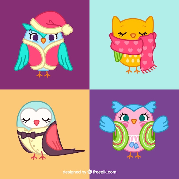 Free Vector set of cute owls with clothes