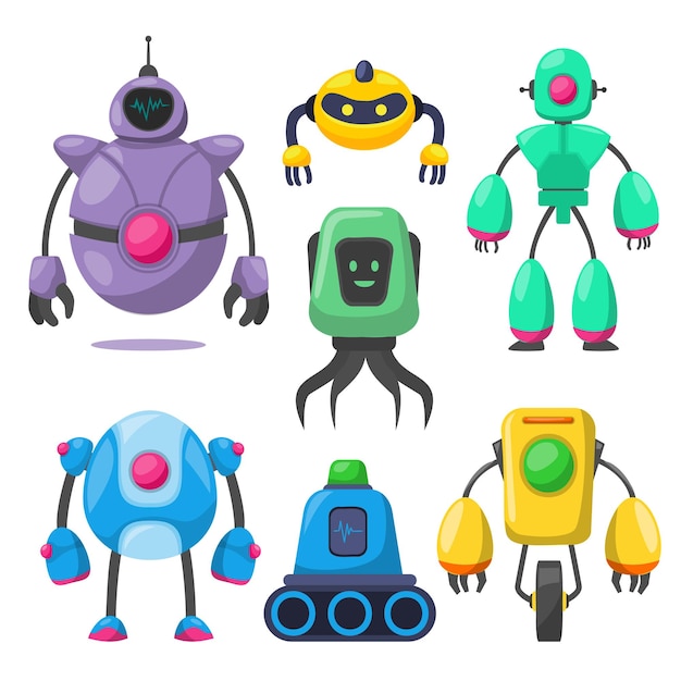 Free Vector set of cute robot cartoon characters for kids