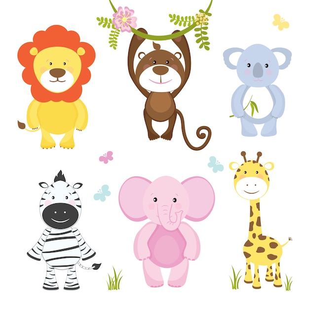 Free vector set of cute vector cartoon wild animals with a monkey hanging from a branch  lion  pink elephant  koala bear  zebra and giraffe suitable for kids illustrations isolated on white