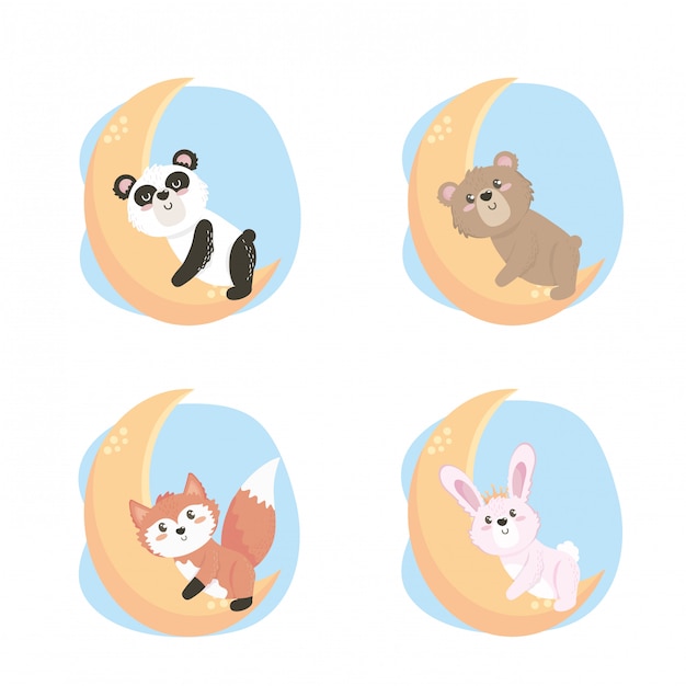 Free vector set of cute wild animals in the moon