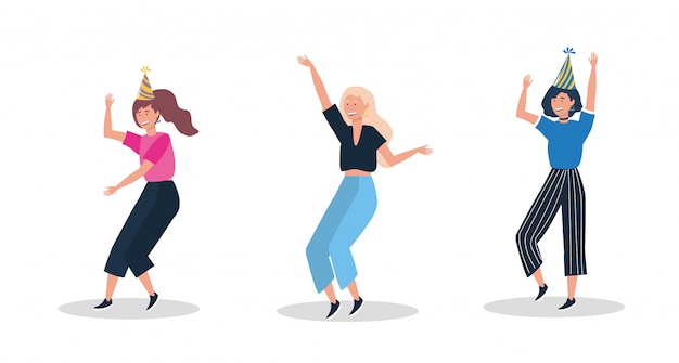 Free Vector set of cute women dancing with party hat