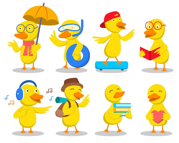 Set of cute yellow duck in summer activity theme with cartoon character,  vector illustration