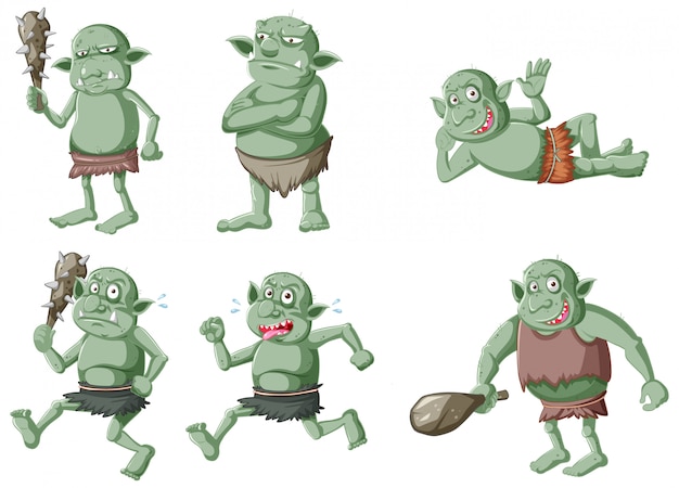 Set of dark green goblin or troll in different poses in cartoon character 