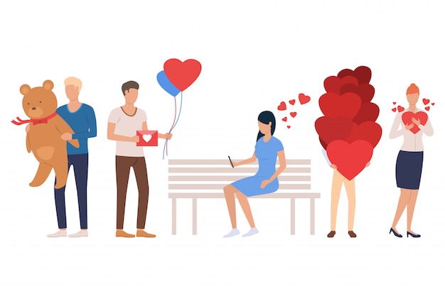 Set of dating people. Men and women holding heart