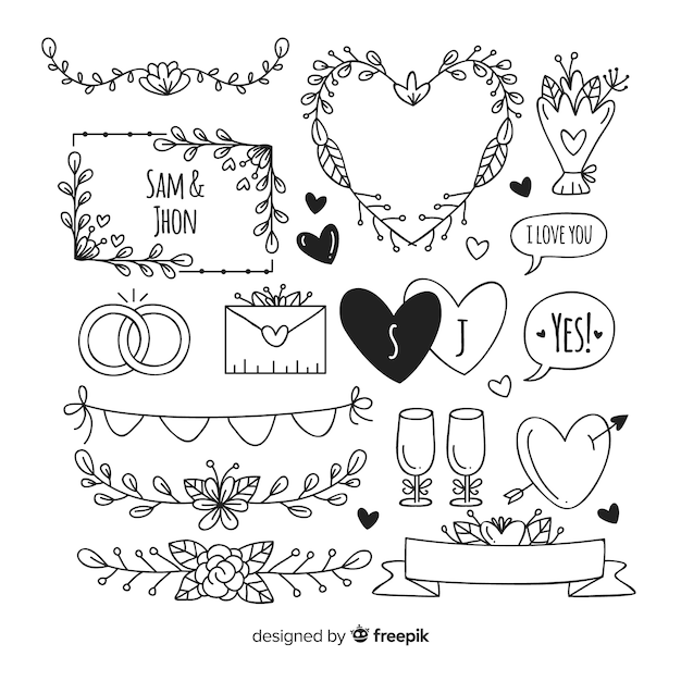 Set of decorative hand drawn wedding ornaments