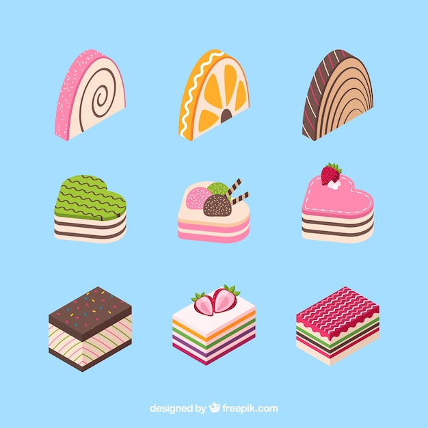 Set of delicious cake in flat style