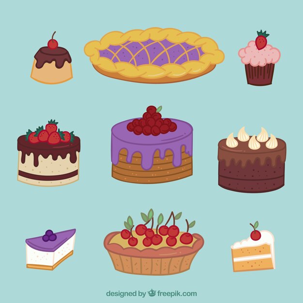 Set of delicious cake in hand drawn style