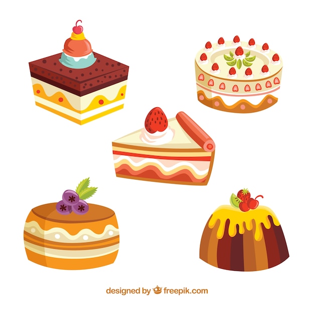 Set of delicious cakes in 2d style