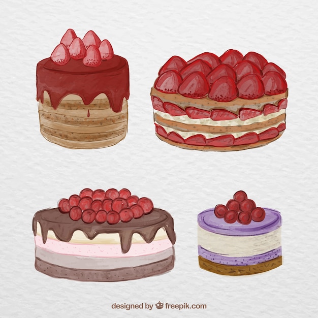 Free Vector set of delicious cakes in watercolor style