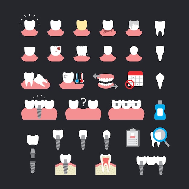 A set of dental problem and implant icons in flat style