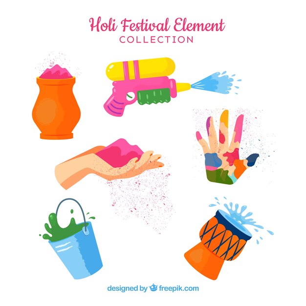 Set of detailed elements for holi festival