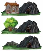 Free vector set of different abandoned houses with rock cave