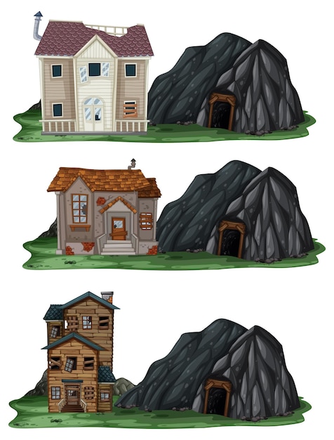 Free Vector set of different abandoned houses with rock cave