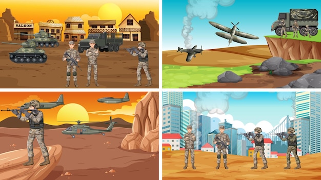 Free Vector set of different army war scenes