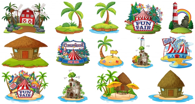 Free Vector set of different bangalows and island beach theme and amusement park and farm isolated on white background