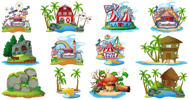 Set of different bangalows and island beach theme and amusement park isolated on white background