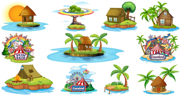 Set of different bangalows and island beach theme and amusement park isolated on white background