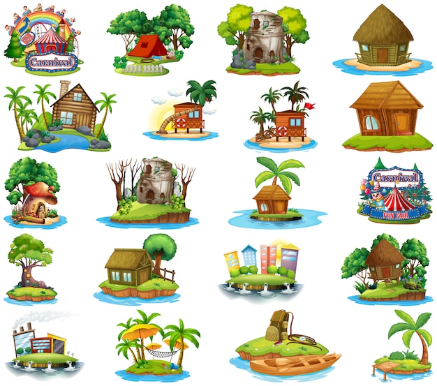 Free Vector set of different bangalows and island beach theme and amusement park  on white background