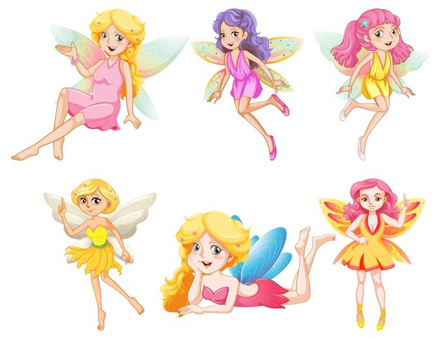 Set of different beautiful fairy girl cartoon character