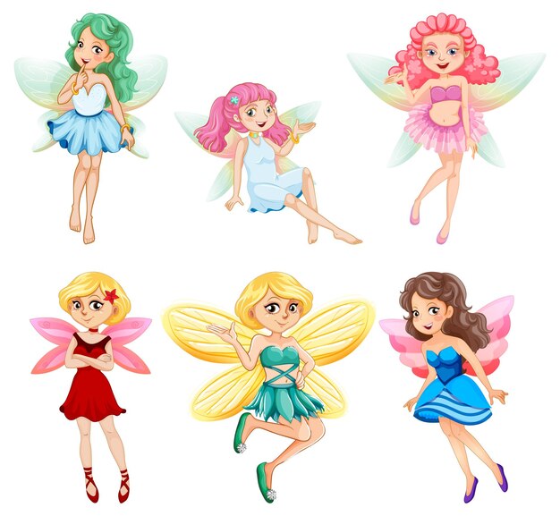 Set of different beautiful fairy girl cartoon character