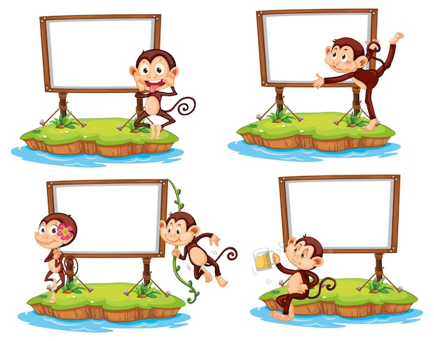 Free vector set of different blank banners with funny monkeys