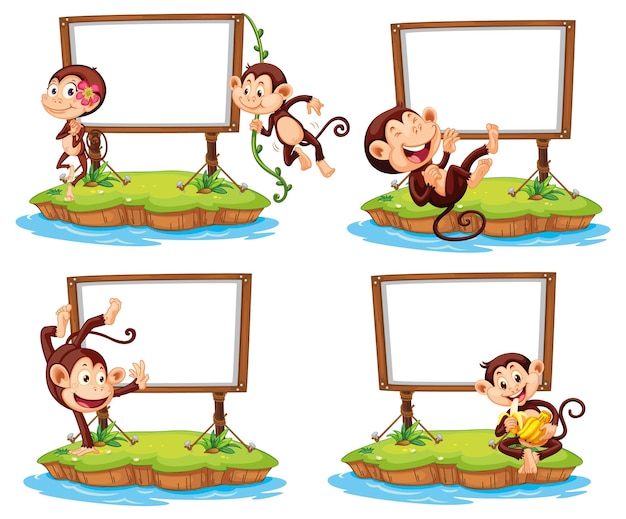 Free Vector set of different blank banners with funny monkeys