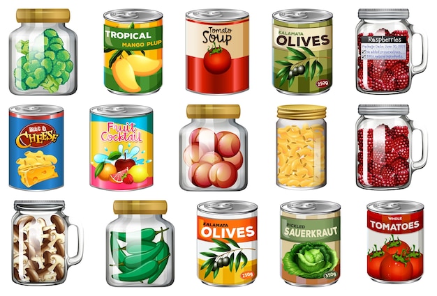 Free Vector set of different canned food and food in jars isolated