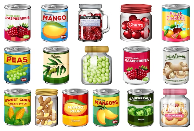 Set of different canned food and food in jars isolated