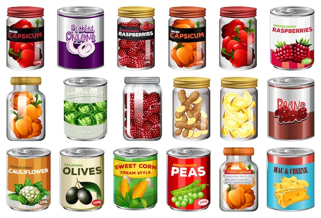 Free Vector set of different canned food and food in jars isolated