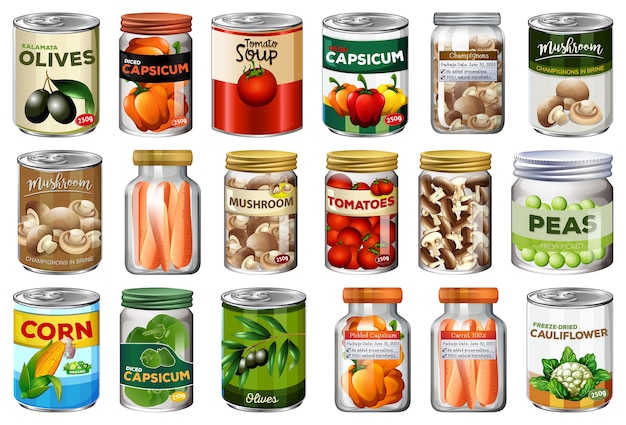 Free Vector set of different canned food and food in jars isolated