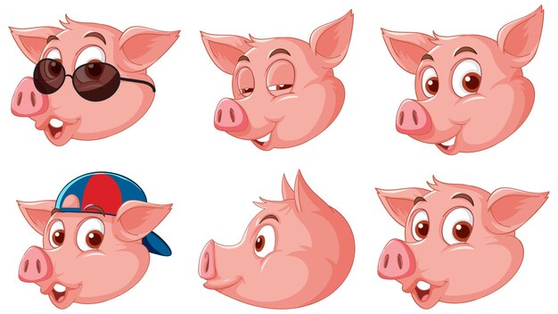 Set of different cartoon pig heads