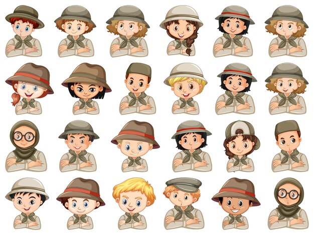 Set of different characters of boys and girls scout costume on a white background