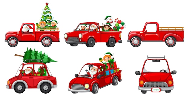 Set of different Christmas cars and Santa Claus characters