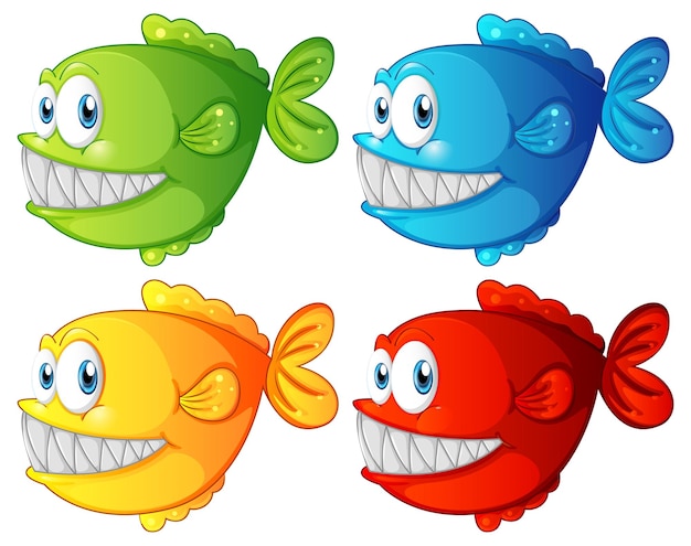 Free vector set of different color exotic fish cartoon character on white background