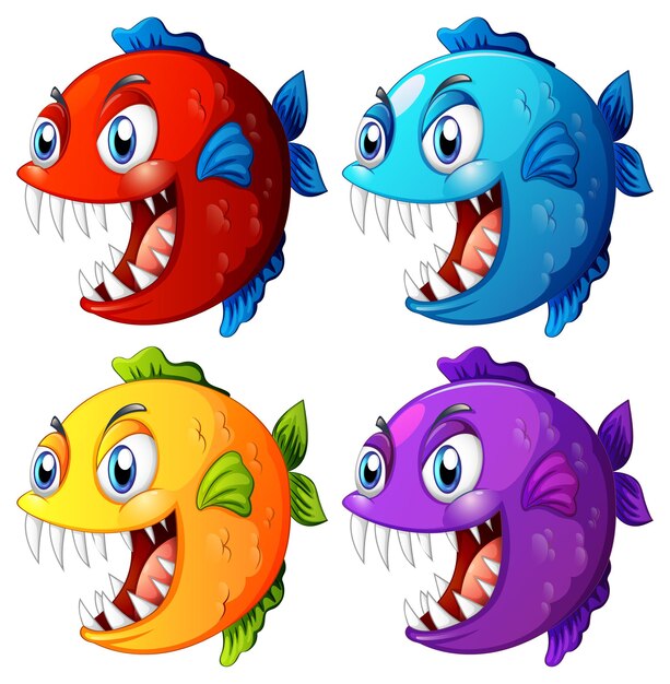 Set of different color exotic fish with big eyes cartoon character on white background