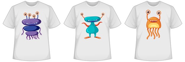 Set of different colour cute monsters or aliens screen on t-shirts