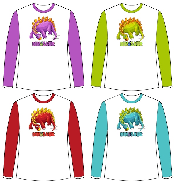 Free Vector set of different colour dinosaur screen on long sleeve t-shirt