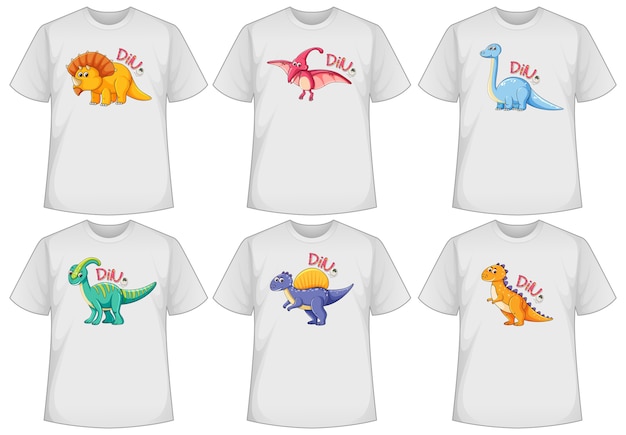 Set of different colour dinosaur screen on t-shirts