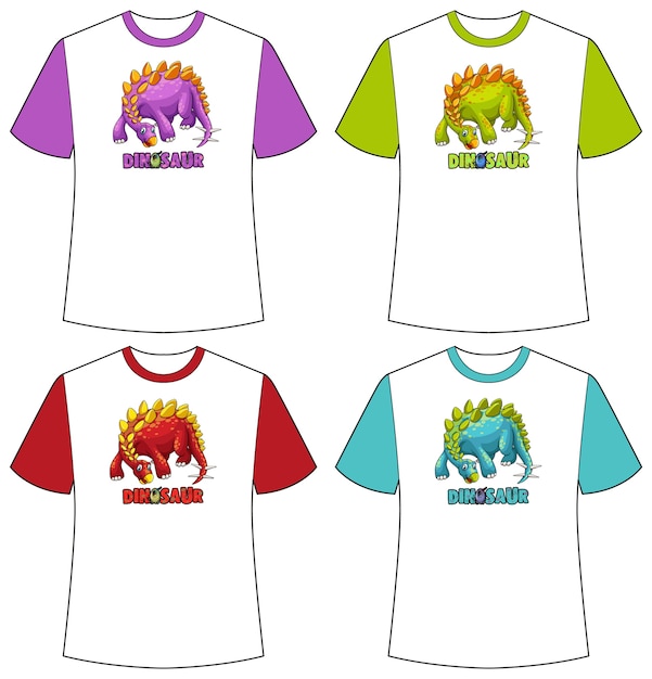 Free Vector set of different colour dinosaur screen on t-shirts