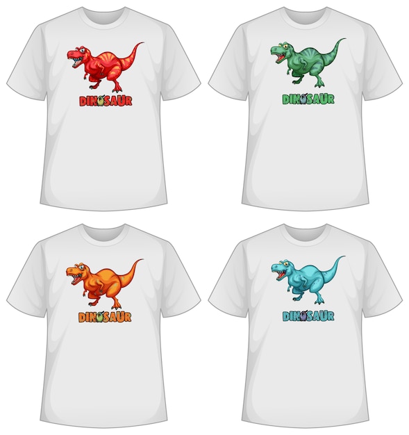 Set of different colour dinosaur screen on t-shirts