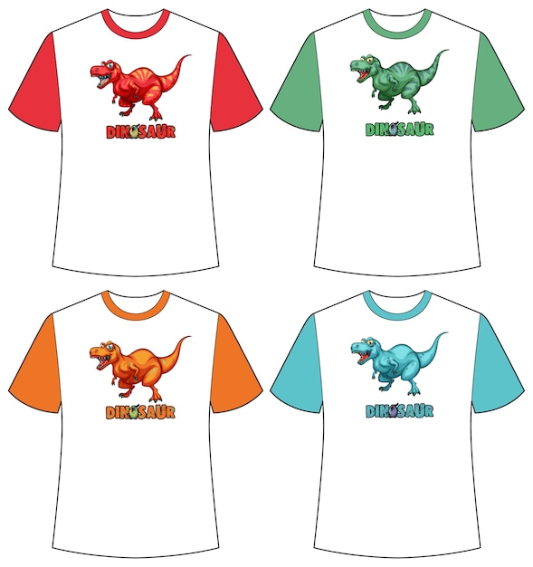 Set of different colour dinosaur screen on t-shirts