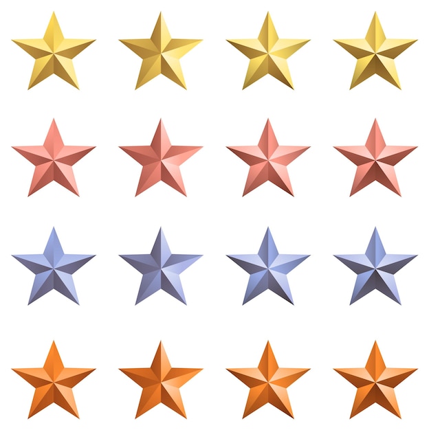 Set of different colours of 3D metal stars