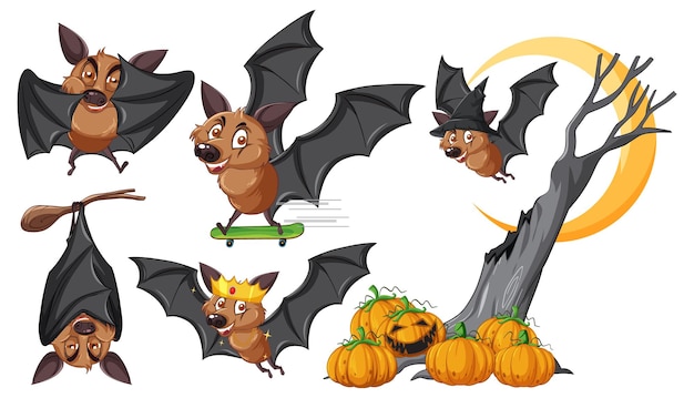 Free vector set of different cute bats in cartoon style