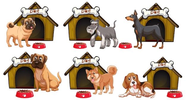 Free vector set of different cute dogs in cartoon style