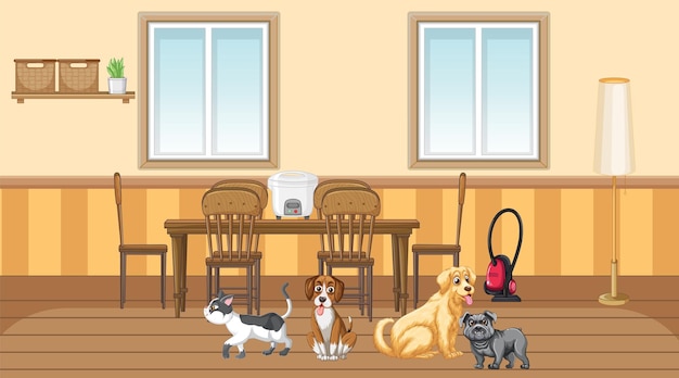 Set of different domestic animals in kitchen