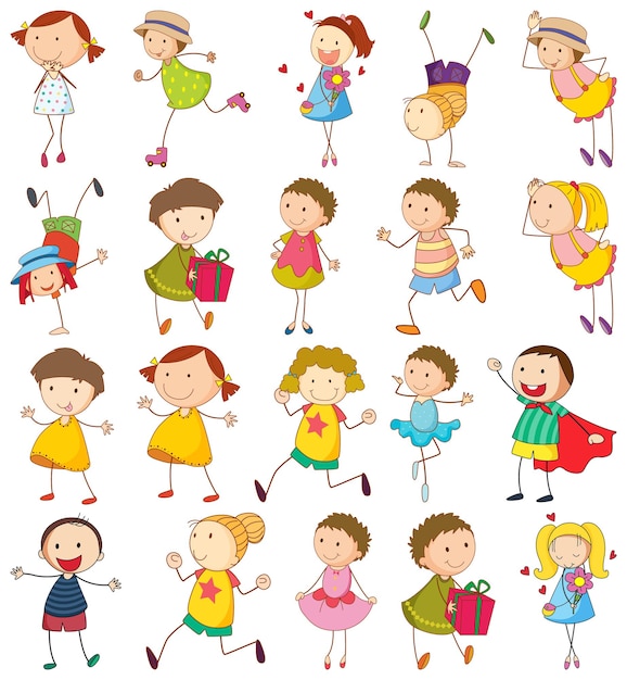 Set of different doodle kids cartoon character isolated