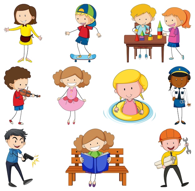 Set of different doodle kids cartoon character