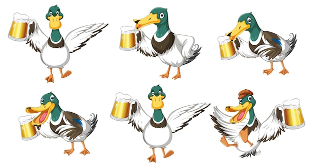 Free Vector set of different ducks holding beer glasses